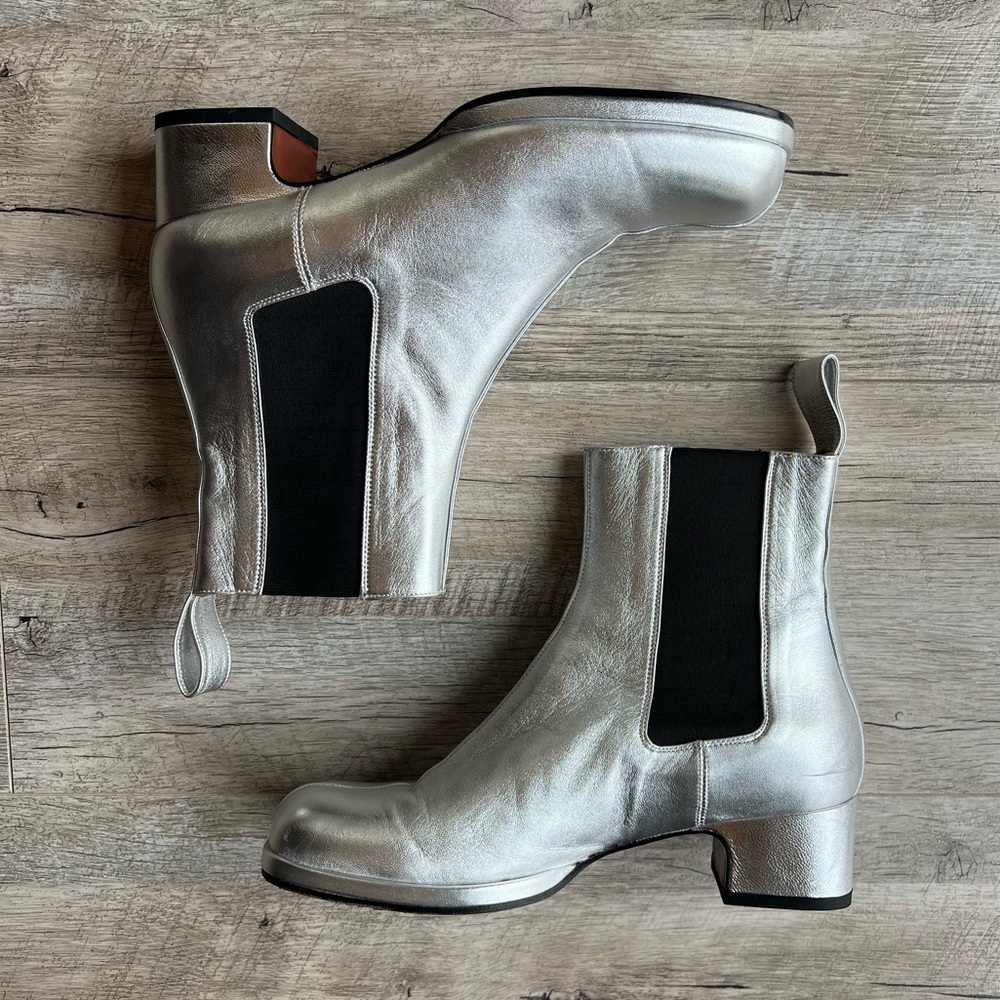 MANU Atelier Leather Metallic Silver Square Toed Chelsea Heeled Boots - Picture 7 of 13